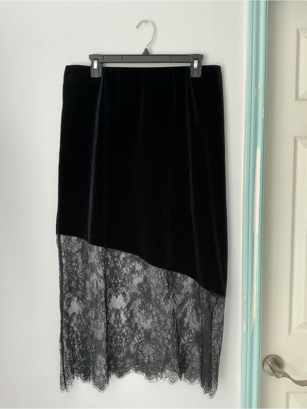 LOFT Black Velvet High-Low Lace Skirt